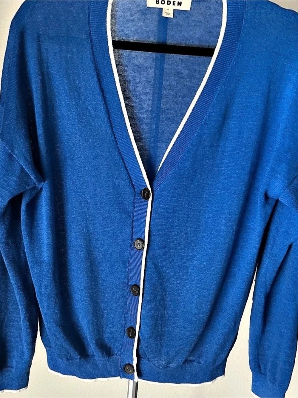 Boden Color Block V-Neck Linen Cardigan in Blue & White Size Medium